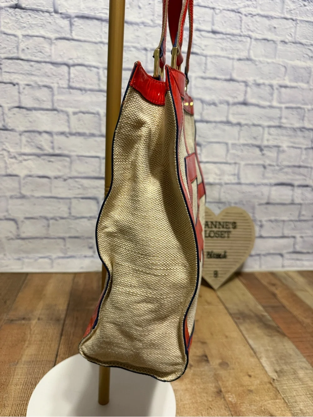 Jonathan Adler Red Patent Leather Trim Linen Cotton Canvas Geometric Tote Bag